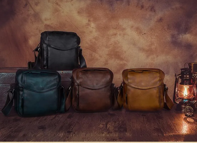 Brown Mens Leather Vintage Vertical Small Messenger Bags Small Side Bag Blue Courier Bag for Men