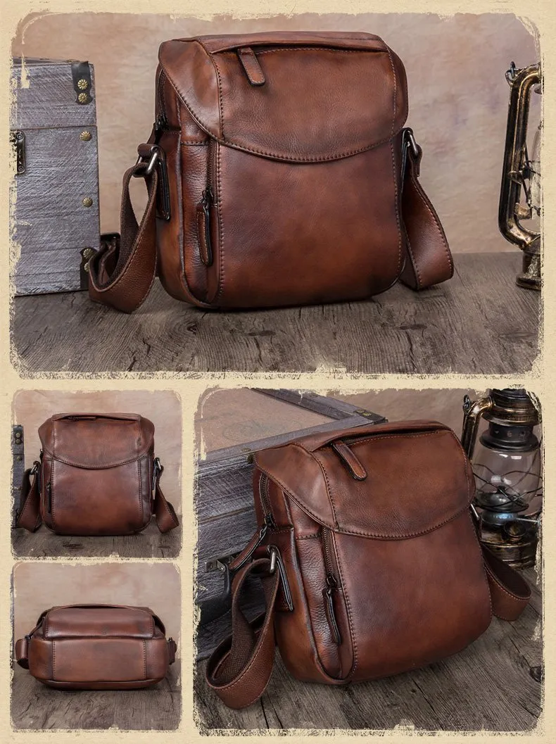 Brown Mens Leather Vintage Vertical Small Messenger Bags Small Side Bag Blue Courier Bag for Men