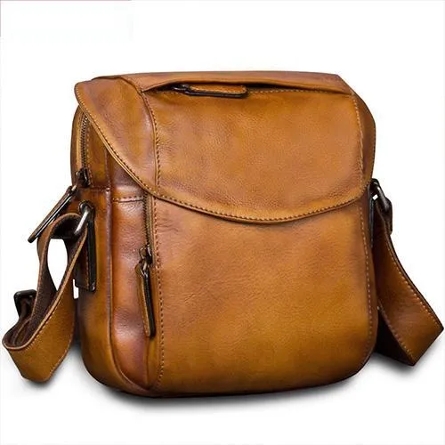 Brown Mens Leather Vintage Vertical Small Messenger Bags Small Side Bag Blue Courier Bag for Men