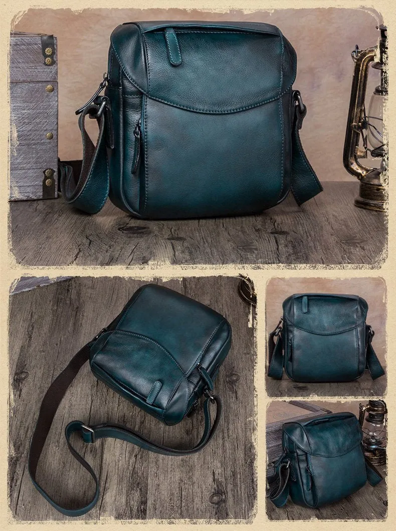 Brown Mens Leather Vintage Vertical Small Messenger Bags Small Side Bag Blue Courier Bag for Men