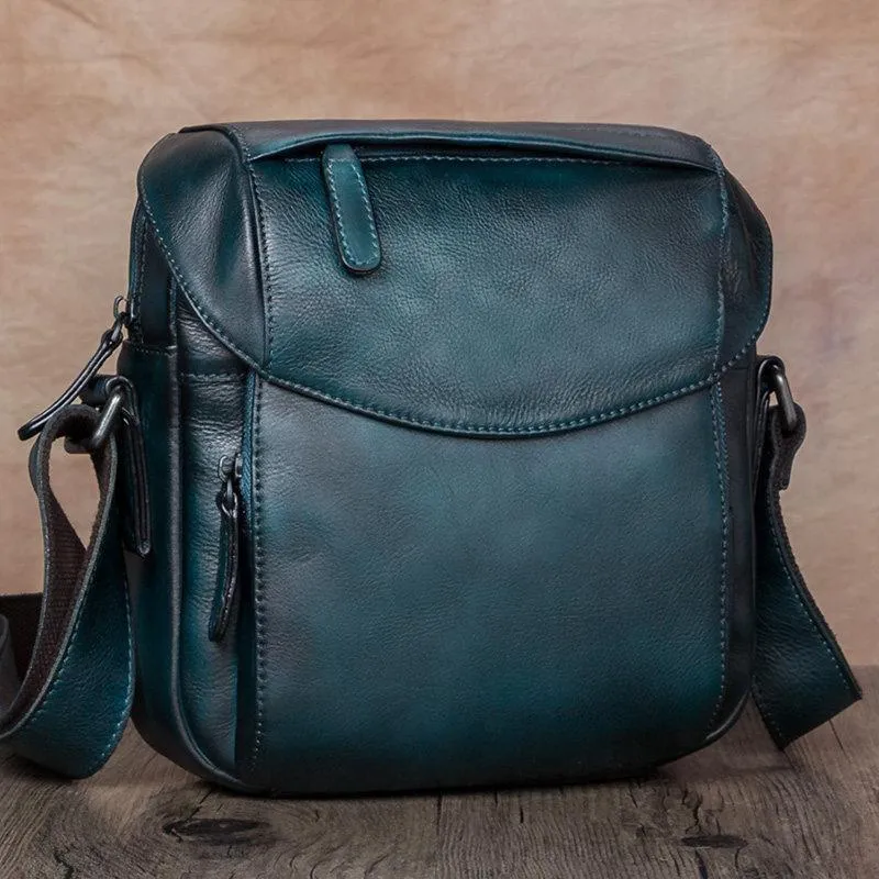 Brown Mens Leather Vintage Vertical Small Messenger Bags Small Side Bag Blue Courier Bag for Men