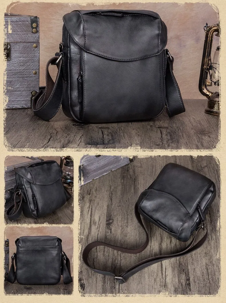 Brown Mens Leather Vintage Vertical Small Messenger Bags Small Side Bag Blue Courier Bag for Men