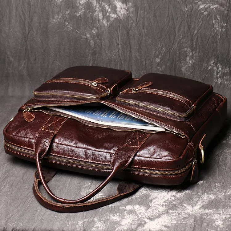 Brown Oiled Leather Men's Brown Professional Briefcase 15???? Laptop Handbag Business Bag For Men