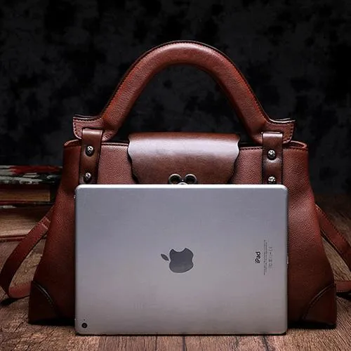 Brown Vintage Leather Ladies Satchel Handbag Black Shoulder Bag Purse for Women