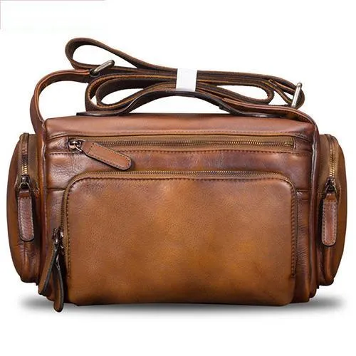Brown VIntage Mens Leather Small Messenger Bag Tan SIde Bag Blue Courier Bag for Men