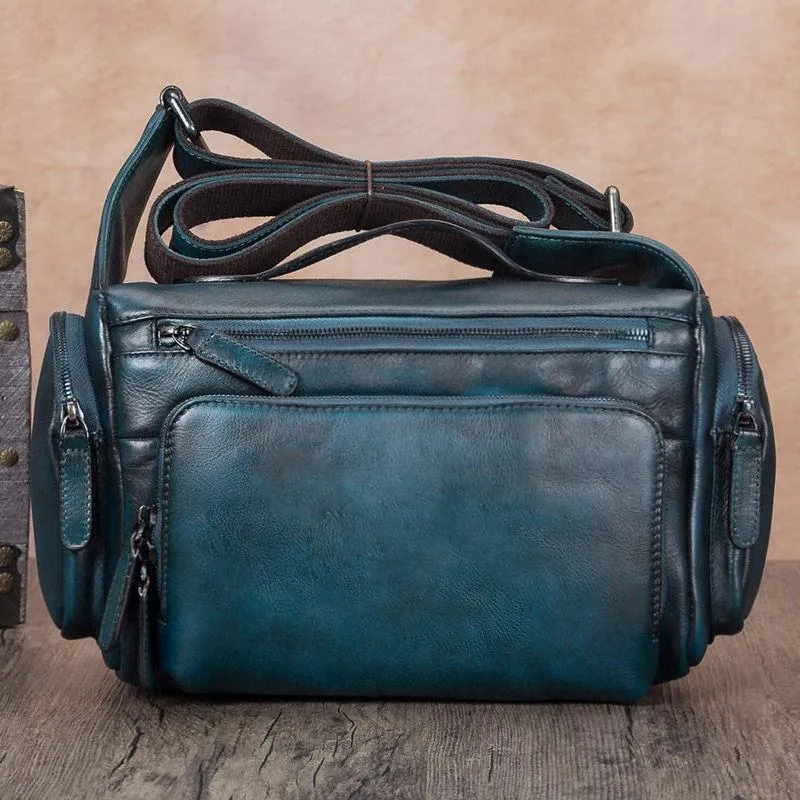 Brown VIntage Mens Leather Small Messenger Bag Tan SIde Bag Blue Courier Bag for Men
