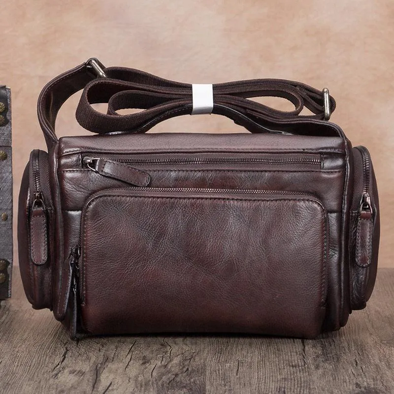 Brown VIntage Mens Leather Small Messenger Bag Tan SIde Bag Blue Courier Bag for Men