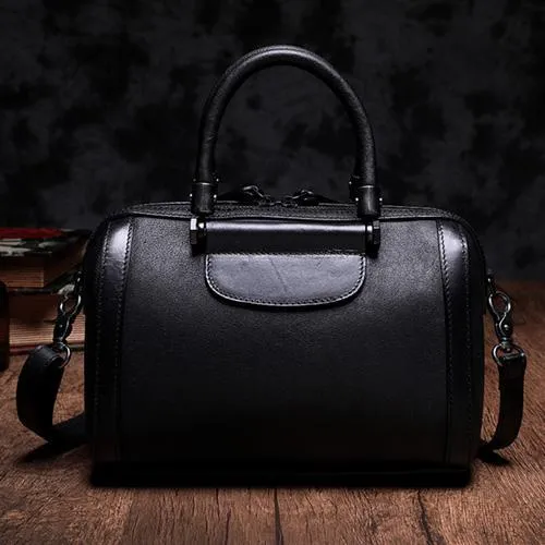 Brown Vintage Womens Leather Boston Handbag Purse Black Side Bag Boston Purse for Ladies