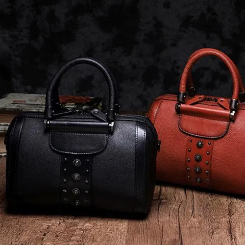 Brown Vintage Womens Leather Boston Handbag Purse Black Side Bag Boston Purse for Ladies