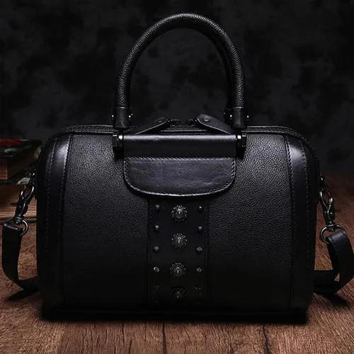 Brown Vintage Womens Leather Boston Handbag Purse Black Side Bag Boston Purse for Ladies