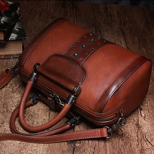 Brown Vintage Womens Leather Boston Handbag Purse Black Side Bag Boston Purse for Ladies