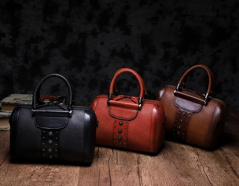 Brown Vintage Womens Leather Boston Handbag Purse Black Side Bag Boston Purse for Ladies