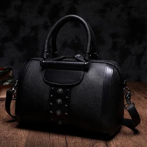 Brown Vintage Womens Leather Boston Handbag Purse Black Side Bag Boston Purse for Ladies