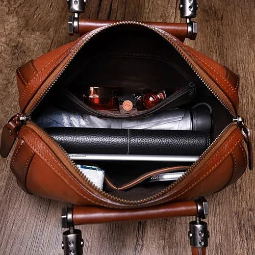 Brown Vintage Womens Leather Boston Handbag Purse Black Side Bag Boston Purse for Ladies