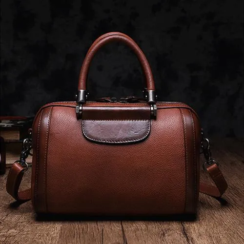 Brown Vintage Womens Leather Boston Handbag Purse Black Side Bag Boston Purse for Ladies