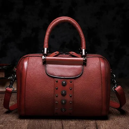 Brown Vintage Womens Leather Boston Handbag Purse Black Side Bag Boston Purse for Ladies