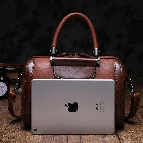 Brown Vintage Womens Leather Boston Handbag Purse Black Side Bag Boston Purse for Ladies