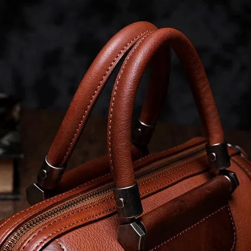 Brown Vintage Womens Leather Boston Handbag Purse Black Side Bag Boston Purse for Ladies