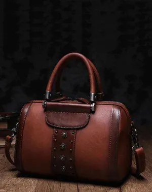 Brown Vintage Womens Leather Boston Handbag Purse Black Side Bag Boston Purse for Ladies