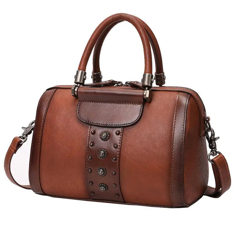 Brown Vintage Womens Leather Boston Handbag Purse Black Side Bag Boston Purse for Ladies