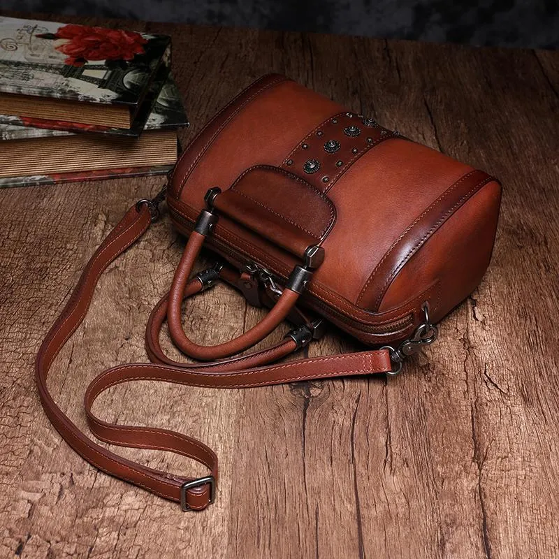 Brown Vintage Womens Leather Boston Handbag Purse Black Side Bag Boston Purse for Ladies