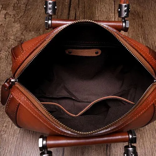 Brown Vintage Womens Leather Boston Handbag Purse Black Side Bag Boston Purse for Ladies
