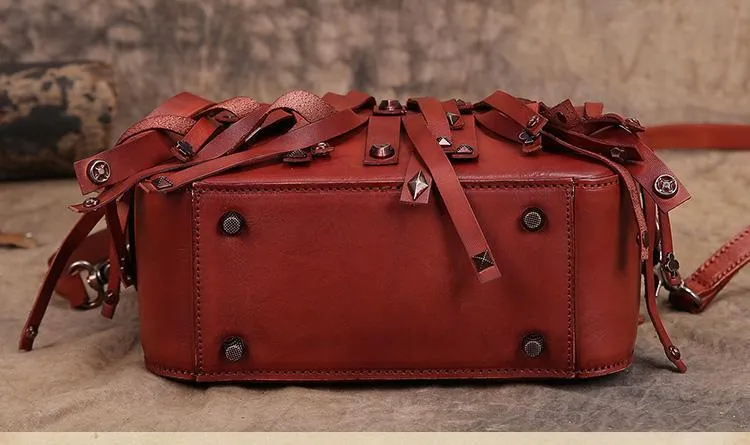 Brown Vintage Womens Leather Purse Tassel Handbag Red Shoulder Bag Crossbody Purses for Ladies