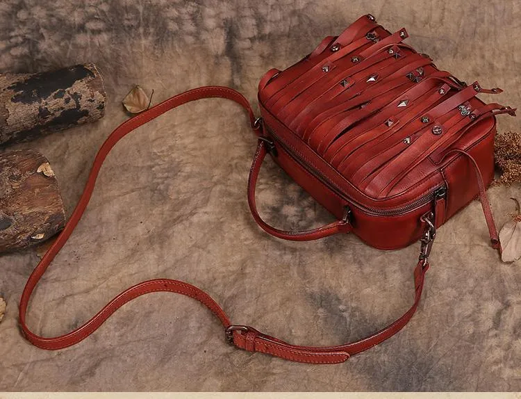 Brown Vintage Womens Leather Purse Tassel Handbag Red Shoulder Bag Crossbody Purses for Ladies