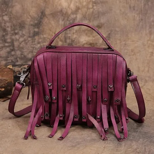 Brown Vintage Womens Leather Purse Tassel Handbag Red Shoulder Bag Crossbody Purses for Ladies