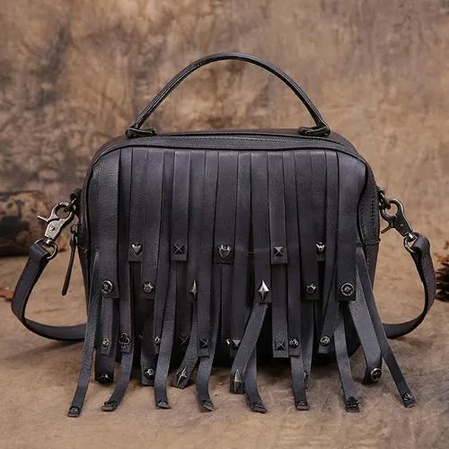Brown Vintage Womens Leather Purse Tassel Handbag Red Shoulder Bag Crossbody Purses for Ladies