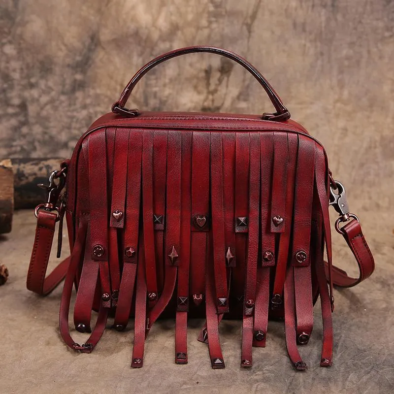 Brown Vintage Womens Leather Purse Tassel Handbag Red Shoulder Bag Crossbody Purses for Ladies