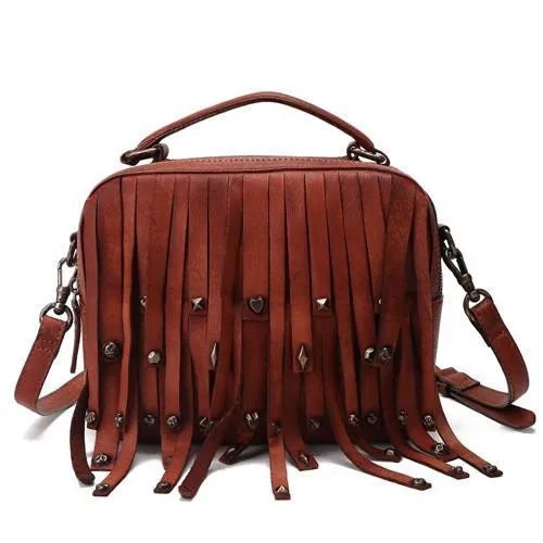 Brown Vintage Womens Leather Purse Tassel Handbag Red Shoulder Bag Crossbody Purses for Ladies