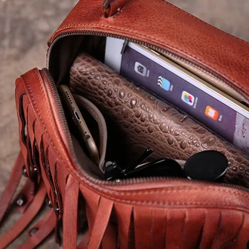 Brown Vintage Womens Leather Purse Tassel Handbag Red Shoulder Bag Crossbody Purses for Ladies