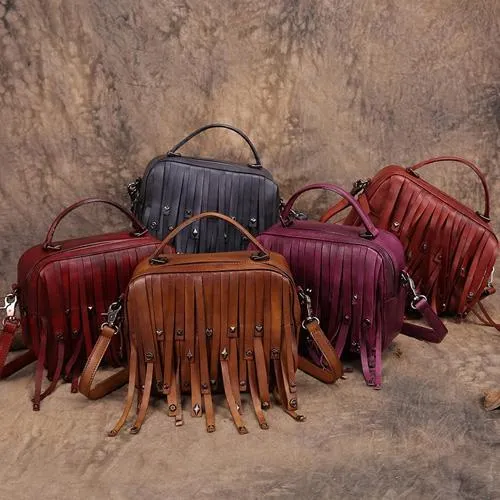 Brown Vintage Womens Leather Purse Tassel Handbag Red Shoulder Bag Crossbody Purses for Ladies