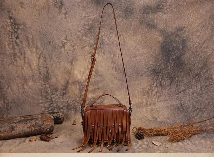 Brown Vintage Womens Leather Purse Tassel Handbag Red Shoulder Bag Crossbody Purses for Ladies