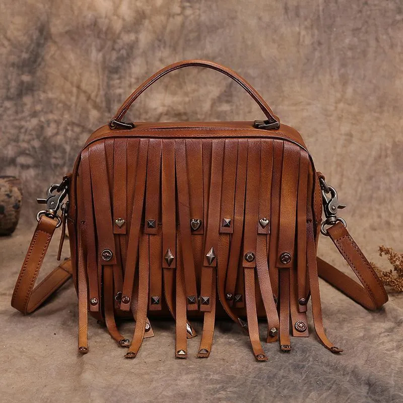 Brown Vintage Womens Leather Purse Tassel Handbag Red Shoulder Bag Crossbody Purses for Ladies