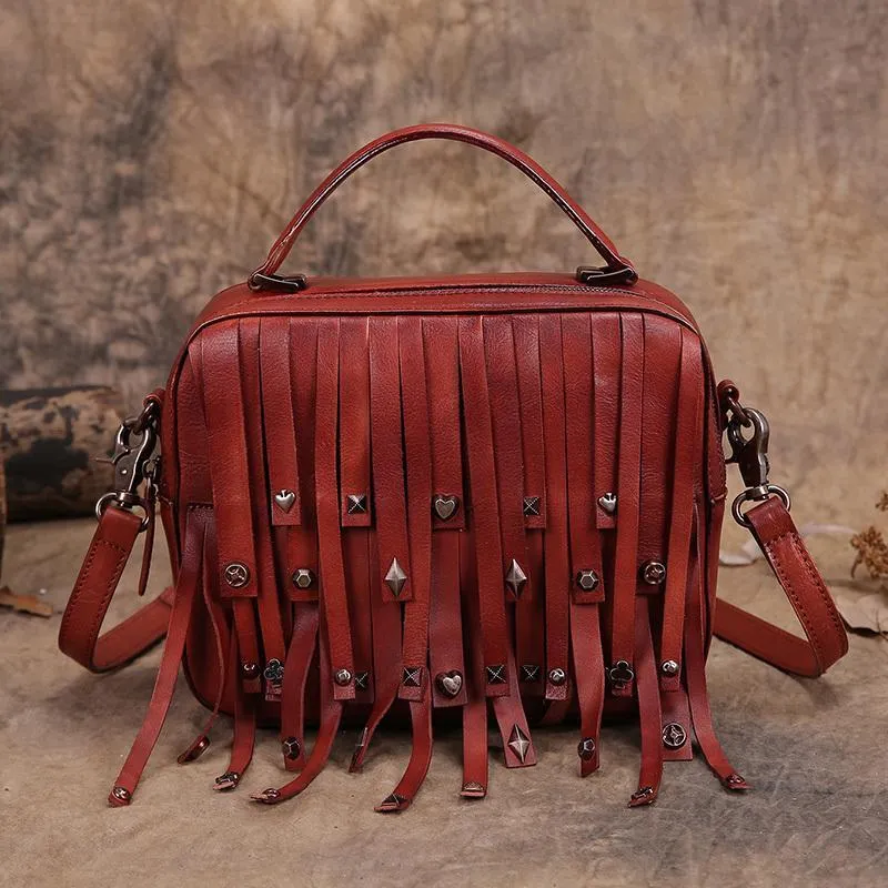 Brown Vintage Womens Leather Purse Tassel Handbag Red Shoulder Bag Crossbody Purses for Ladies
