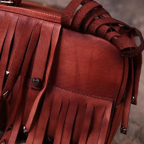 Brown Vintage Womens Leather Purse Tassel Handbag Red Shoulder Bag Crossbody Purses for Ladies