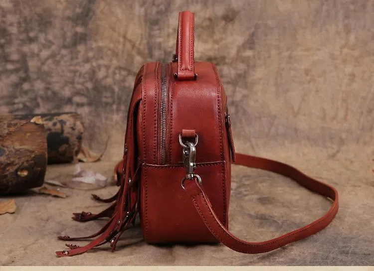 Brown Vintage Womens Leather Purse Tassel Handbag Red Shoulder Bag Crossbody Purses for Ladies