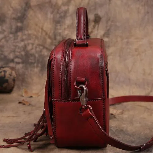 Brown Vintage Womens Leather Purse Tassel Handbag Red Shoulder Bag Crossbody Purses for Ladies
