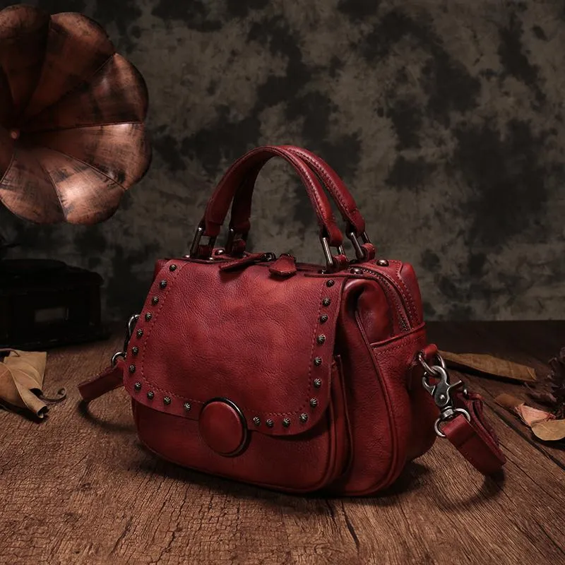 Brown Vintage Womens Leather Rivet Handbag Red Side Bag Satchel Bag Purse for Ladies