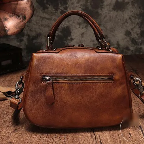 Brown Vintage Womens Leather Rivet Handbag Red Side Bag Satchel Bag Purse for Ladies