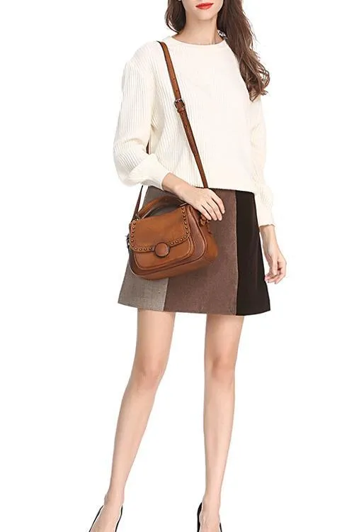 Brown Vintage Womens Leather Rivet Handbag Red Side Bag Satchel Bag Purse for Ladies