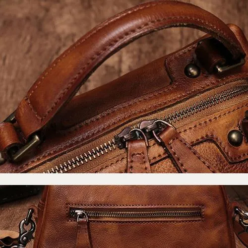 Brown Vintage Womens Leather Rivet Handbag Red Side Bag Satchel Bag Purse for Ladies