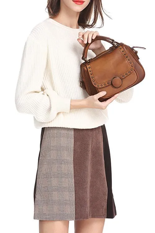 Brown Vintage Womens Leather Rivet Handbag Red Side Bag Satchel Bag Purse for Ladies