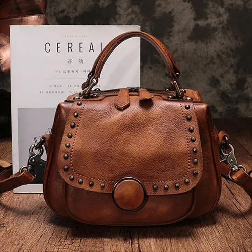 Brown Vintage Womens Leather Rivet Handbag Red Side Bag Satchel Bag Purse for Ladies