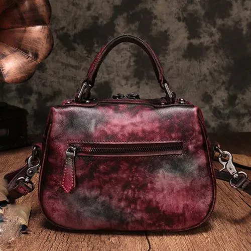 Brown Vintage Womens Leather Rivet Handbag Red Side Bag Satchel Bag Purse for Ladies