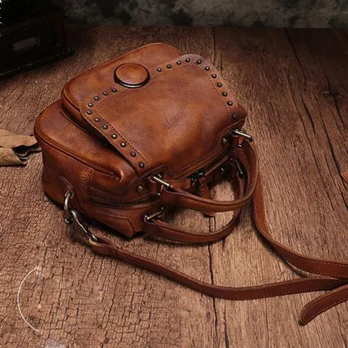 Brown Vintage Womens Leather Rivet Handbag Red Side Bag Satchel Bag Purse for Ladies