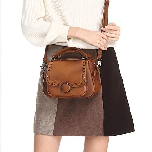 Brown Vintage Womens Leather Rivet Handbag Red Side Bag Satchel Bag Purse for Ladies