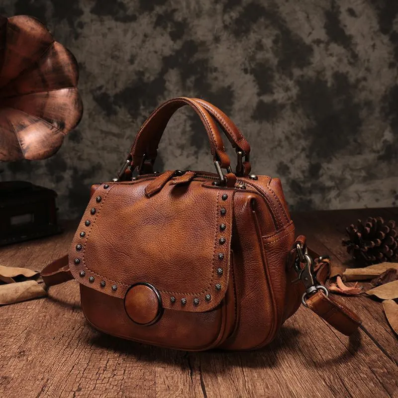 Brown Vintage Womens Leather Rivet Handbag Red Side Bag Satchel Bag Purse for Ladies